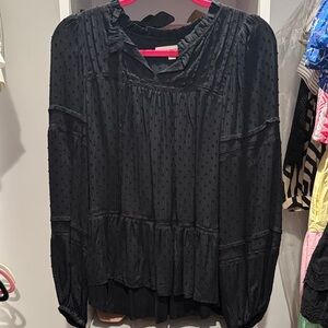 LOFT Black Textured Long-Sleeve Peasant Top